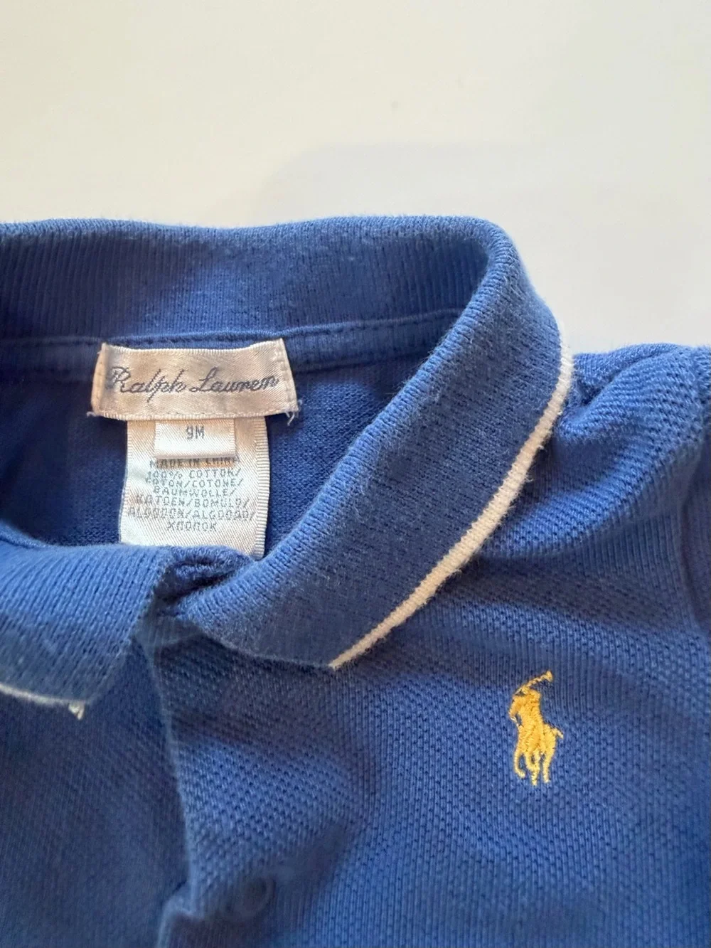 Ralph Lauren Blue Polo Collar Baby One-Piece with Yellow Logo
